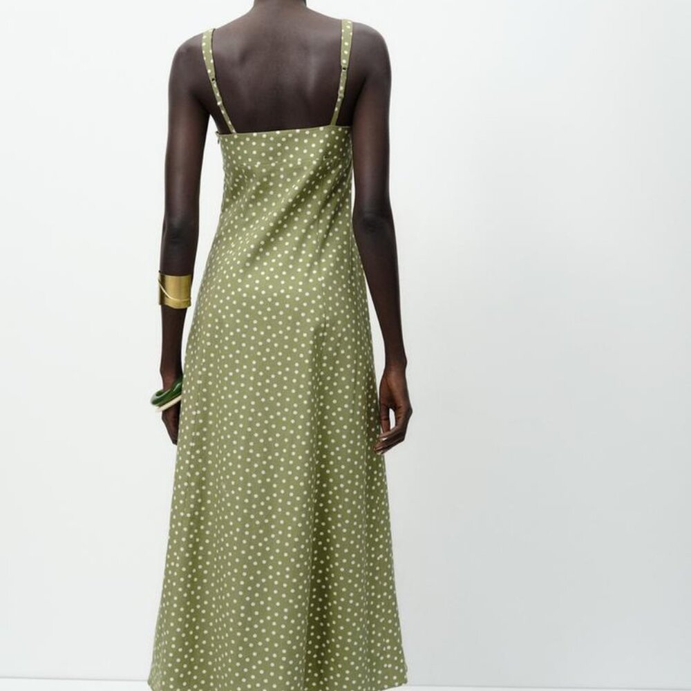Zara Linen Blend Polka Dot Midi Dress XS Ecru Khaki Front Slit NWT Summer Party - Picture 5 of 14